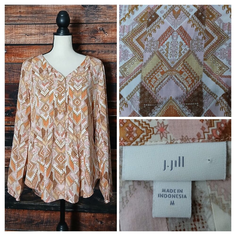 J Jill Peasant Tunic Top M Pleated Rayon Bohemian
